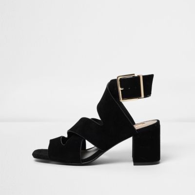 Black crossover block heel sandals